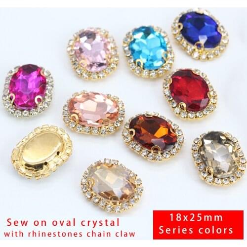 6p 18x25mm Oval color glass fancy stone sew on flatback crystal rhinestone Trim 4Hole Gold base Buckle jewelry,Dress making bead