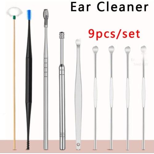 9pcs/set Portable Ear Cleaner Ear Wax Pickers Stainless Steel Spiral Earpick Wax Remover Curette Ear Cleaning Spoon Care Tool