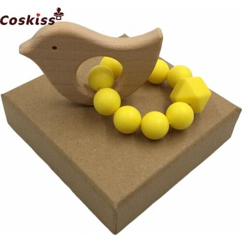 Baby Nursing Accessory Teether Baby Rattles Sensory Beech Woode Animal Diy Jewelry Teething Toy Silicone Bracelet