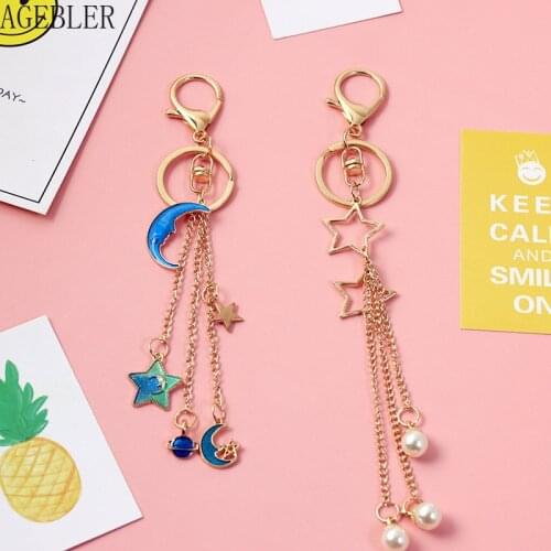 Cute Fairy Keychain Moon Star Imititated Peal Tassels Keyring Charm Airpods Protective Cover Pendant Bag Keychain Pendant Gift