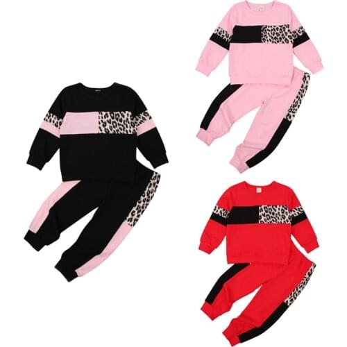 FOCUSNORM 1-6Y Autumn Casual Kids Girls Clothes Sets Leopard Patchwork Long Sleeve Pullover Sweatshirt Tops Pants 3 Colors
