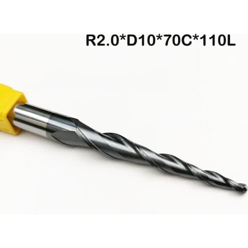 1pc-R2.0*D10*70*110L*2F HRC55 Tungsten solid carbide Coated Tapered Ball Nose Long End Mills taper and cone CNC milling cutter