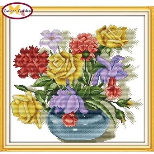 GG Colorful Flowers Counted Stamped Cross Stitch Patterns DIY Handcraft Needlework Embroidery Kits Joy Sunday for Home Decor
