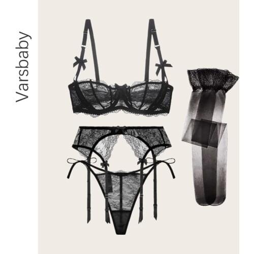 Varsbaby 4Pcs Womem Underwear Set Half Cup Underwire Bra+Lace Garter Belt+See Through Thong+Stockings A B C D E Plus Size Cup