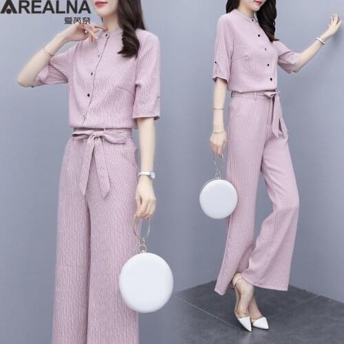 Summer Women Suits Two Piece Sets stripe Blouse Top Wide Leg Pants Suit Elegant Office Ladies Outfits Pantsuit Clothes woman set