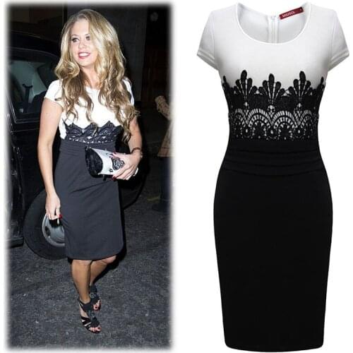 OL stitching lace dress evening Midi Bodycon Empire Vintage Crochet Lace Square neck Bodycon Fitted Shift Party Pencil Dress