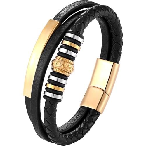 New Promotion Multi-layer Leather Stainless Steel Metal Luxury Mens Leather Bracelet Accessories For Preferred Gifts For Summer
