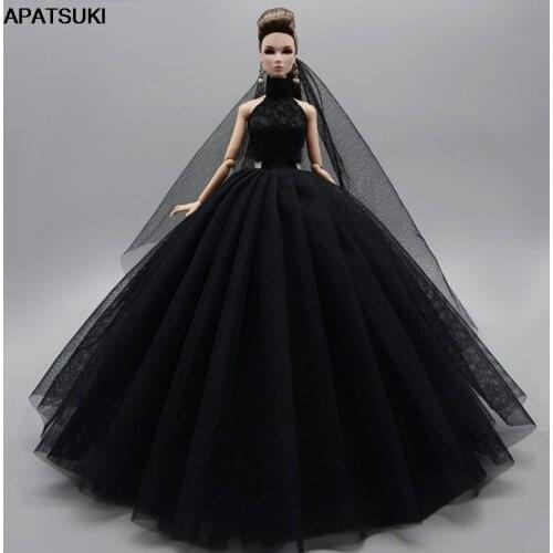 Fashion Black High Neck Wedding Dress For Barbie Dolls Clothes Princess Evening Party Gown Long Dresses Doll Outfits & Veil 1/6