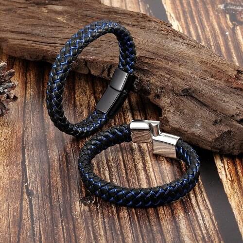 Fashion Hand-Made Leather Bracelet for Men Boy Stainless Steel Magnetic Wristband Charm Bangle Sporty Style Male Jewelry