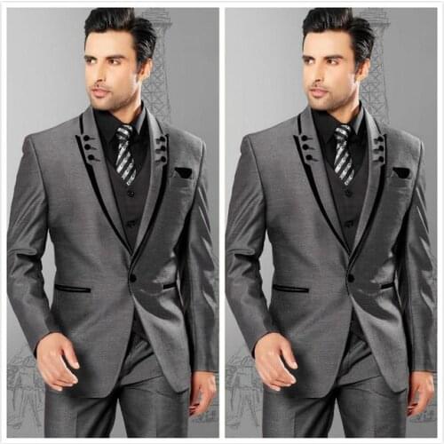 Men Suits Slim Fit Peaked Lapel Grey Groom Tuxedos Mens Wedding Suits 2021 Groomsmen Suits One Button Mens (Jacket+Pants+Vest)