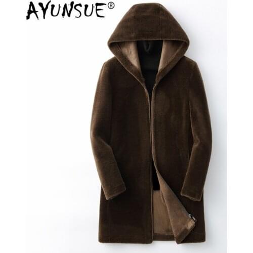 AYUNSUE Autumn Winter Real Fur Coat Men Sheep Shearing 100% Wool Jacket Long Fur Coats Kurtki Zimowe Meskie KFS19M205-J KJ3810