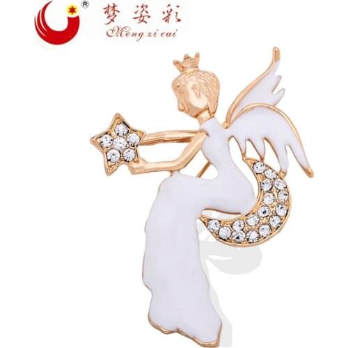 New Fashion Gold Cute Cupid Angel Crown Moon Brooch Pin For Women Crystal Rhinestone Star Broches Mujer para ropa Party Jewelry