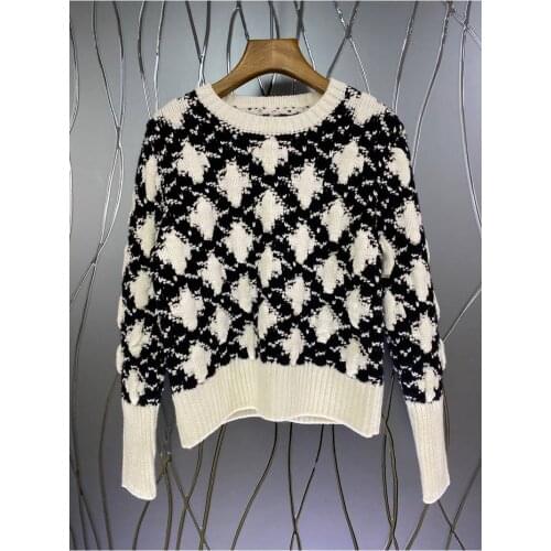 Newest Fashion Sweaters 2021 Autumn Winter Pullovers High Quality Women White Black Color Block Knitting Long Sleeve Sweaters