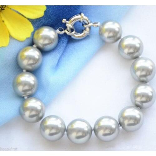 NEW 14MM NATURAL SILVER GRAY ROUND SOUTH SEA SHELL PEARL BANGLE BRACELET 8'' AAA imitation
