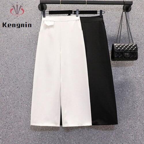 Autumn Womens Trousers Oversize Loose Wide Leg Pants Casual Pockets Office Lady Work Capris Elastic Waist Female Clothes KN232