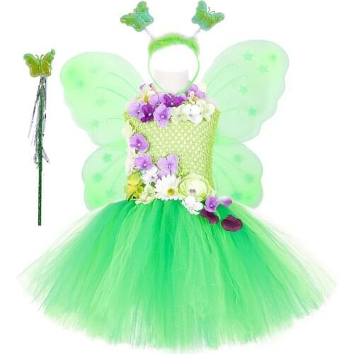 Green Fairy Girls Tutu Dress with Wings Flower Girl Princess Dresses Outfit Kids Birthday Halloween Costume Children Fancy Tutus
