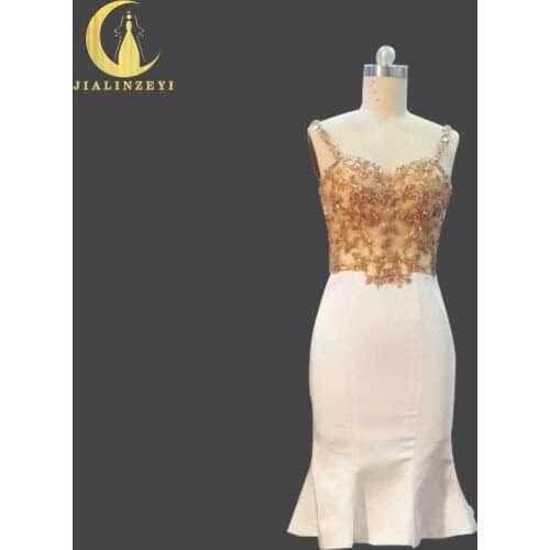 Rhine Real Picture spaghetti strap Gold Crystal beads Sexy Top little See Through Mermaid Occasion Dress Formal Prom Dresses