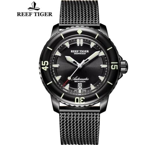 Reef Tiger/RT Brand Luxury Automatic Dive Men Watch All Black Super Luminous 200M Waterproof Sport Mechanical Watch