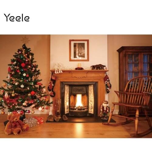 Yeele Christmas Backdrop Photocall Fireplace Tree Gift Party Decor Photography Background Photographic Props For Studio Shoots
