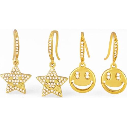 Cute Smlie & Star Disc Stud Earrings CZ Crystal Zircon Earring For Female Girl Trendy Party Fine Jewelry Gift