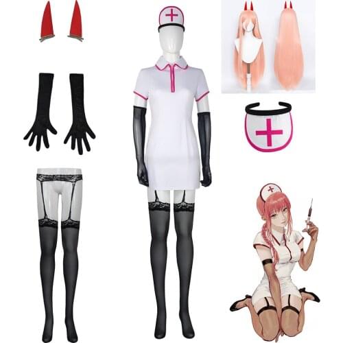 Anime Chainsaw Man Makima/Power Cosplay Costume Nurse Uniform Headwear Outfits White Dress Halloween Carnival Suit Women