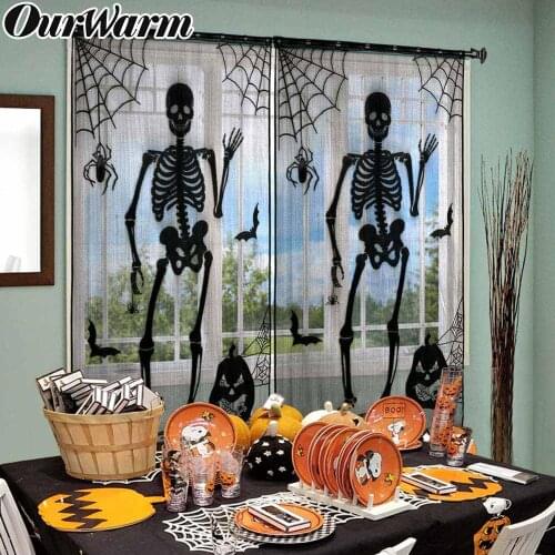 OurWarm Horror Halloween Window Decoration 2pcs Polyester Black Lace Skull Window Shower Curtains with Cobweb Bat Halloween Prop