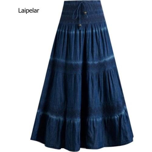 Casual Jeans Skirts Womens Denim Maxi Skirt Elastic High Waist Party Solid Long Summer Skirt Pleated Jupes Femininas