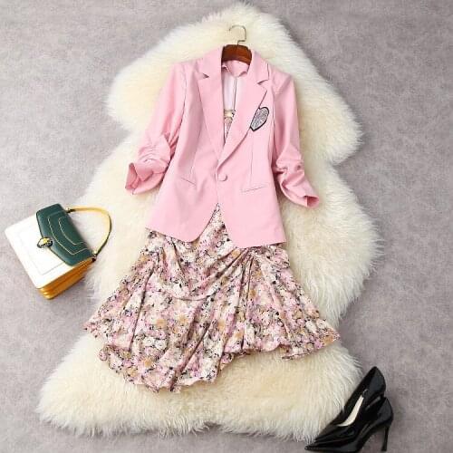 European and American womens wear for summer 2021 Pink coat with three-quarter sleeves Condole belt dress Fashion two-piece