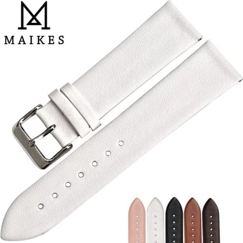 MAIKES Women Watch Accessories White Watch Strap Thin Watchbands Stainless Steel Buckle Cow Genuine Leather Bracelet for 20mm