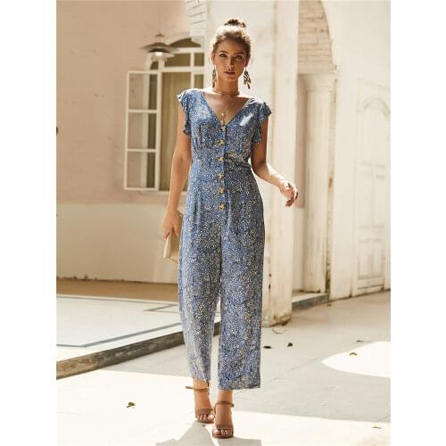 Elegant Print Jumpsuits Women Full Length Loose Casual Ruffles Jumpsuits