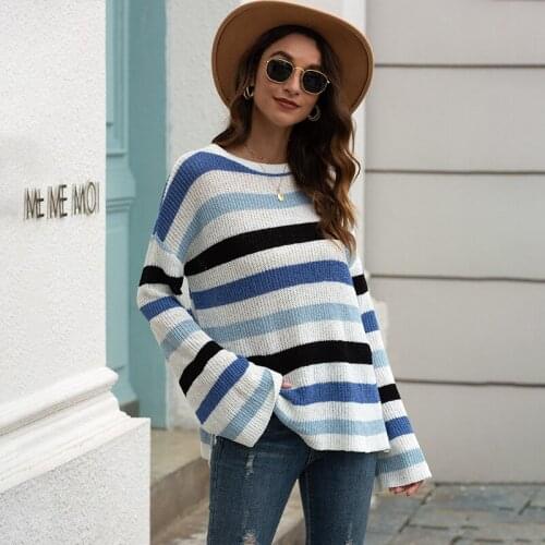 Sexy Striped Sweater Womens Fall/winter 2021 New Pullover Horn Sleeves Color Matching Commuter All-match Base Sweater Top