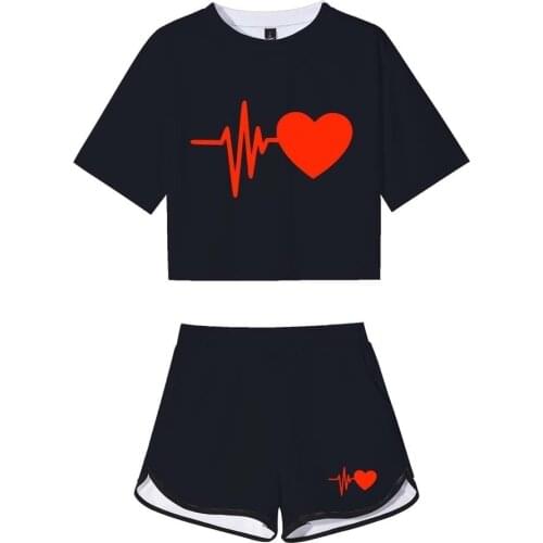 Heart Finger Crop Shorts Suit Solid Black 3D Print T-shirt Pants Two Piece Set Women Tracksuit Outfit Summer Cute Matching