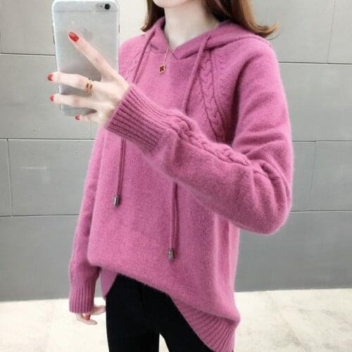 Autumn Winter New Knitted Long Sleeve Sweater Coat Womens Hooded Loose Korean Version Pullover Womens Fashion Solid Color Top