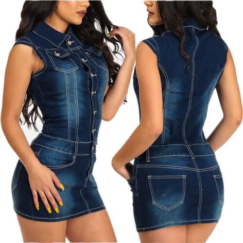 Plus Size Single-breasted Fitted Denim Jean mini Dress Women Sheath Turn-down Collar Sleeveless Thick Denim Vestido Causal Dress