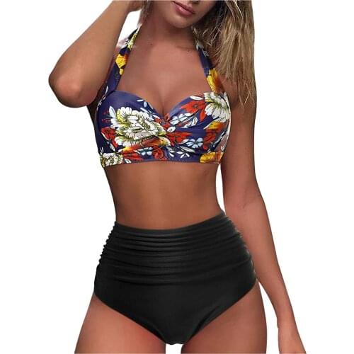 2pcs Sexy Women Summer Swimwear Bikini Set Bra Women Vintage Swimsuit Two Piece Retro Halter Ruched High Waist Print Bikini