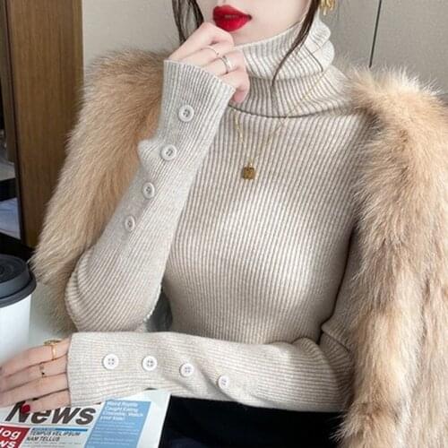 2021 Autumn Winter Women Turtleneck Sweater Knitted Long Sleeve Pullovers Sexy Basic Slim Vintage Button Office Sweaters Tops