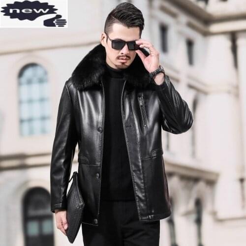 Brand High Quality Leather Jacket Men Business Casual Fur Collar Detachable Warm Outerwear Winter Classic Single Breasted Coat
