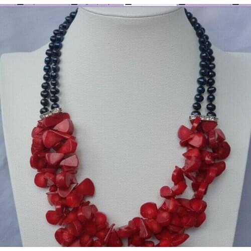 CBN113 Beautiful! 2Strds black Pearl&Red Coral Necklace