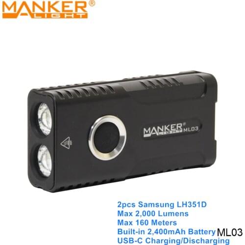 Manker ML03 Dual LED Type C Rechargeable EDC Flashlight Built-in Battery Powered Torch with USB Charging Discharging Function