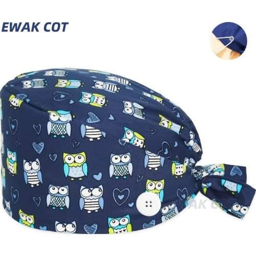 Owls Printed Surgicals Cap with Buttons Clinic Working Hat Women Men Tieback Forehead Towel Plastic Beautician Pet Shop Lab Caps