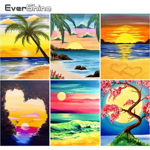 EverShine 5D DIY Diamond Painting Scenic Diamond Embroidery Full Drill Square Sunset Rhinestones Mosaic Picture Beach Wall Art