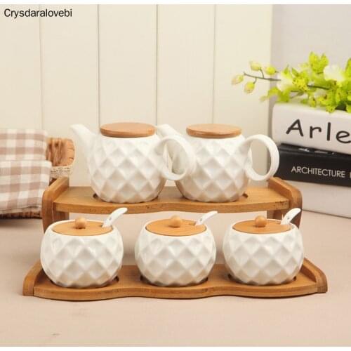 1-6pcs/Set Ceramic Seasoning Jar Kitchen Supplies Spice Box Kit with Wood Tray 190ml Sugar Can Salt Shaker Chili Storage Pot