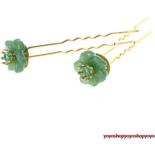 China JIANGNAN vintage nature jade pair hairgrips "U"hairpins sticks hanfu kimono cosplay Chinese accessories