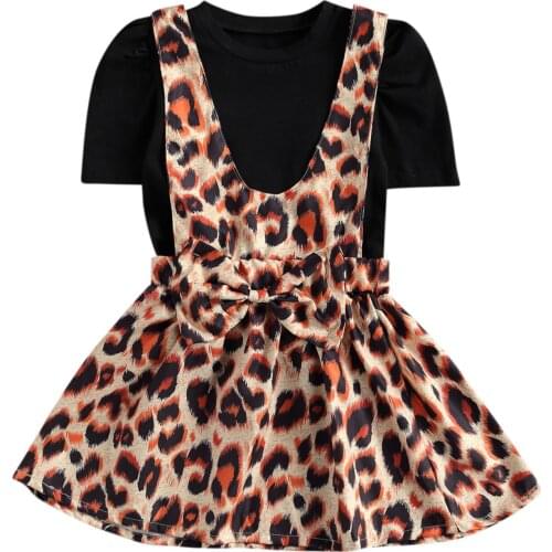 2PCS Newborn Baby Girls Sets Short Sleeve Solid Top Suspender Leopard Print Skirts Summer Infant Toddler Children Outfits 12M-4Y
