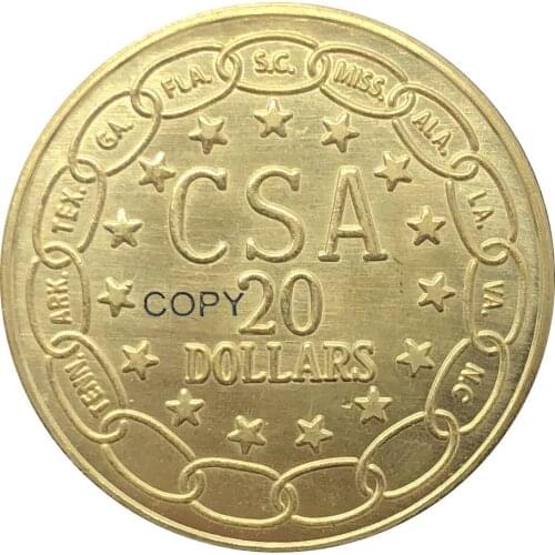 CSA United States Of America 1861 Confederate 20 Twenty Dollars Gold Coin Brass Metal Copy Coins
