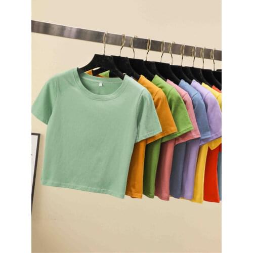 13 colors Crop Top T-Shirt Female Solid O-Neck Short Sleeve T-shirts for Women High Waist Slim Short Sport Blanc Femme T-Shirt