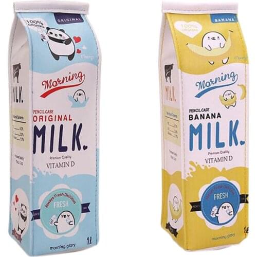 2 Pcs New Creative Simulation Of Milk Cartoon Pencil Case Cute PU Pen Bag Stationery Pouch For Student School Supplies, Yellow