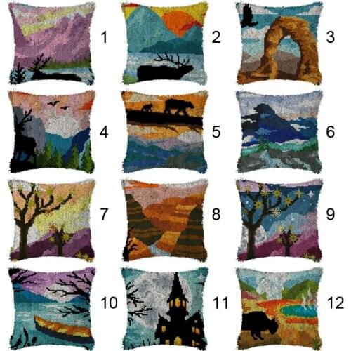 Landscape Cross StitchLatch Hook Cushion Embroidery Kit Pillow Mat DIY Needlework Crocheting Craft Flower 42CM 42CM