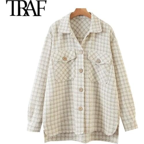 TRAF Women Fashion Tweed Plaid Loose Irregular Jacket Coat Vintage Long Sleeve Pockets Female Outerwear Chic Tops