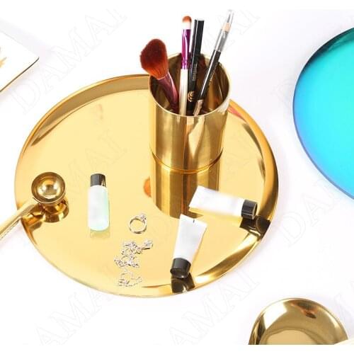 Gilded Metal Storage Plate Jewelry Cosmetic Containers Eyeliner Eyebrow Pencil Organizer Lipstick Tank Home Decoration Modern